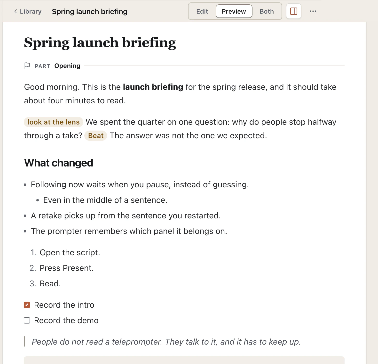 The editor in Preview, under its Edit, Preview and Both switch: a script called Spring launch briefing whose second paragraph shows the amber cue pills look at the lens and Beat.