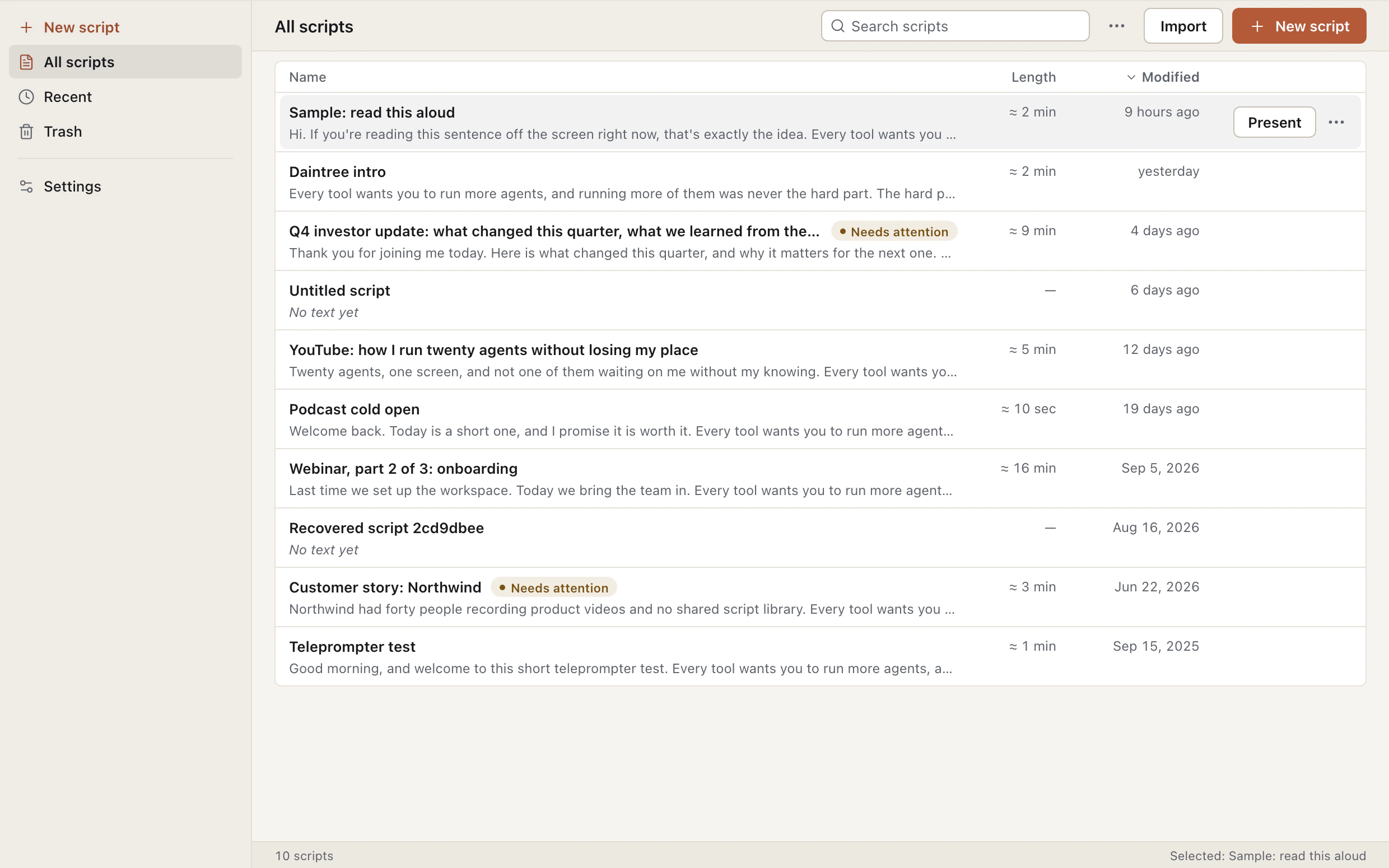 All scripts, showing script names with their opening lines, estimated reading times and Needs attention labels.